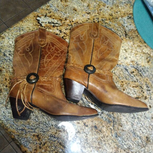 Oak Tree Farms 628 Women's Size 9.5 Brown Leather Cowboy Western Tassel Boots - Picture 6 of 12